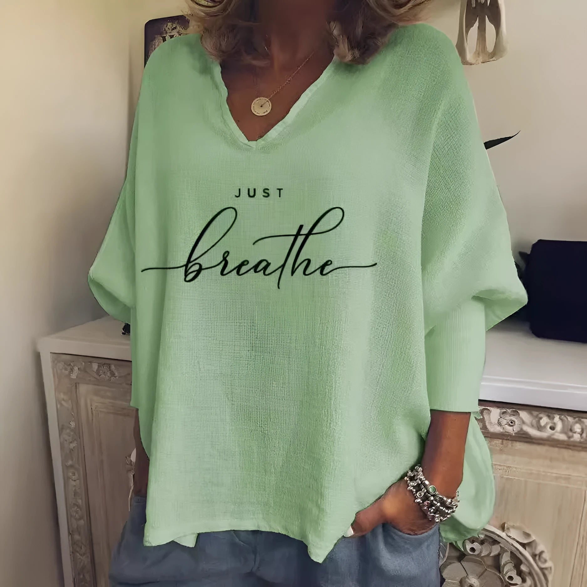 Women's V-neck long sleeve loose top in brushed milk silk fabric with spandex, hipster summer streetwear