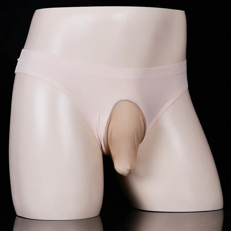 Men's ice silk underwear briefs in black with open gun egg design and low-waist cut
