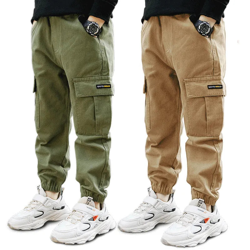Boys' casual cotton summer trousers in khaki, available in sizes from 110cm to 170cm.