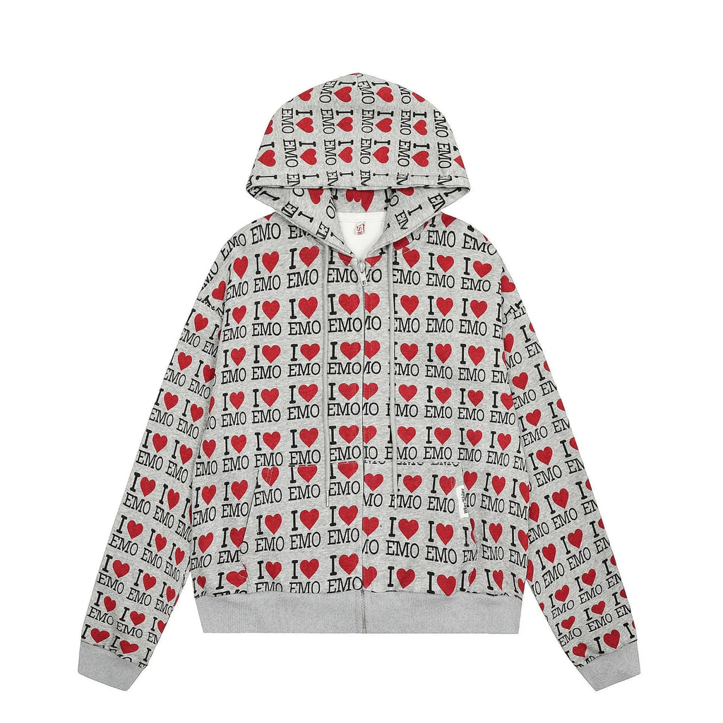 Women's melange grey hooded cardigan with retro pattern, long sleeves, and medium-thickness cotton construction