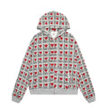 Women's melange grey hooded cardigan with retro pattern, long sleeves, and medium-thickness cotton construction