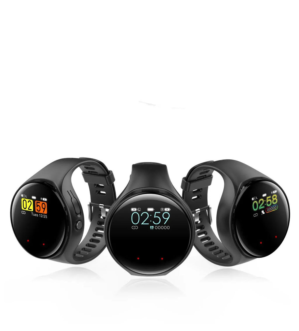 Black Bluetooth headset with detachable smart bracelet showing colour screen, earbuds, and charging cable