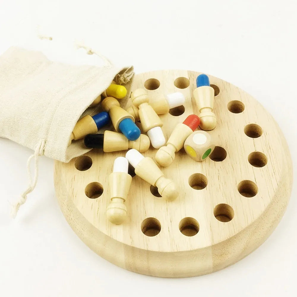 Montessori baby wooden memory match stick chess toy with green varnish board and coloured sticks.