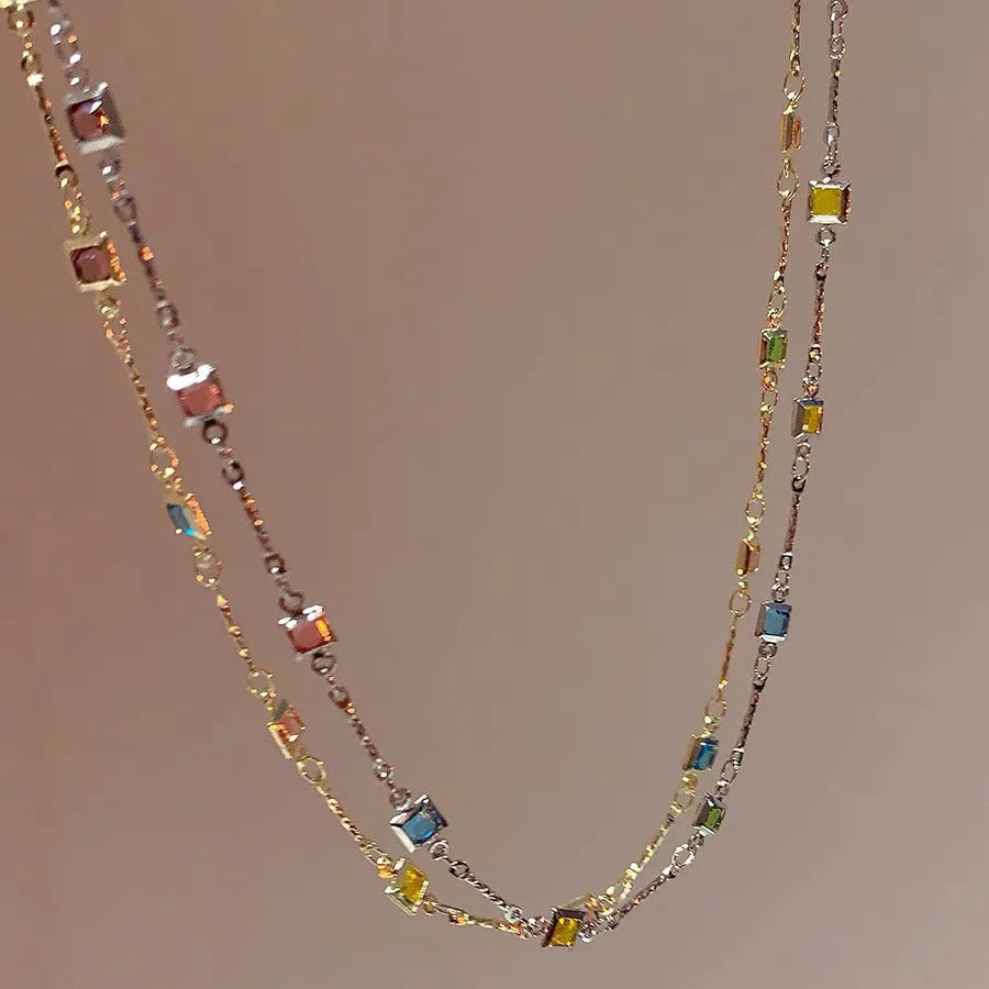 Square colour artificial crystal geometric pendant necklace on clavicle-length chain in gold tone