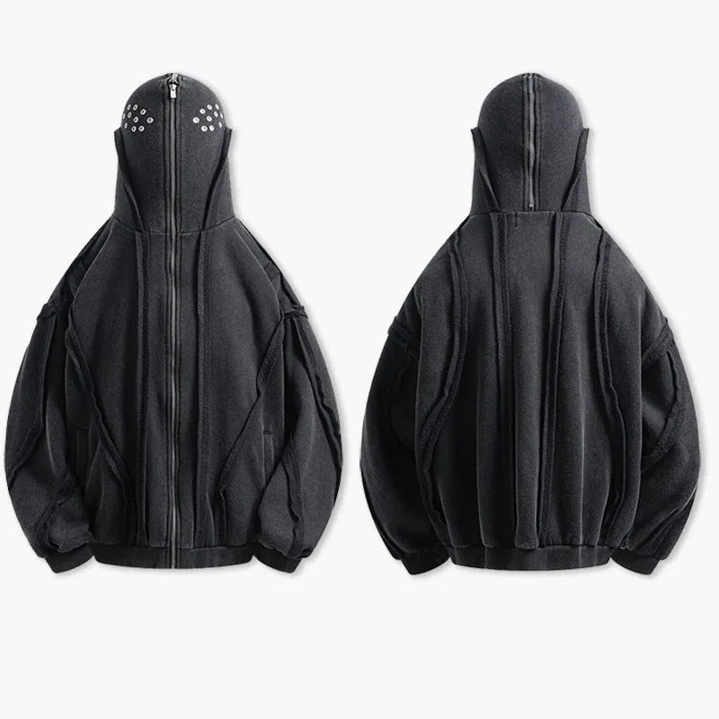 Black loose zip hooded coat with abstract pattern, cotton fabric, and padding, shown in sizes M, L, XL for autumn wear
