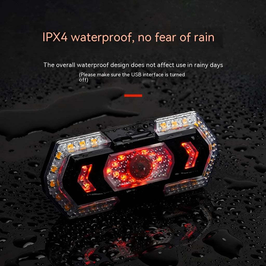 Black wireless remote control USB charging waterproof bicycle taillight with turn signals.