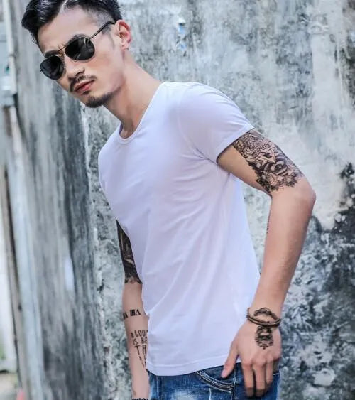 Men's bamboo fibre t-shirt in various colours, showcasing lightweight fabric and size options for summer wear