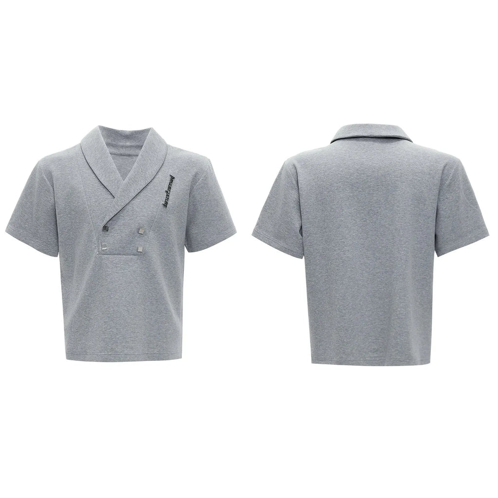 Men's dark grey V-neck sports suit with padded shoulders and metal embellishments on cotton fabric