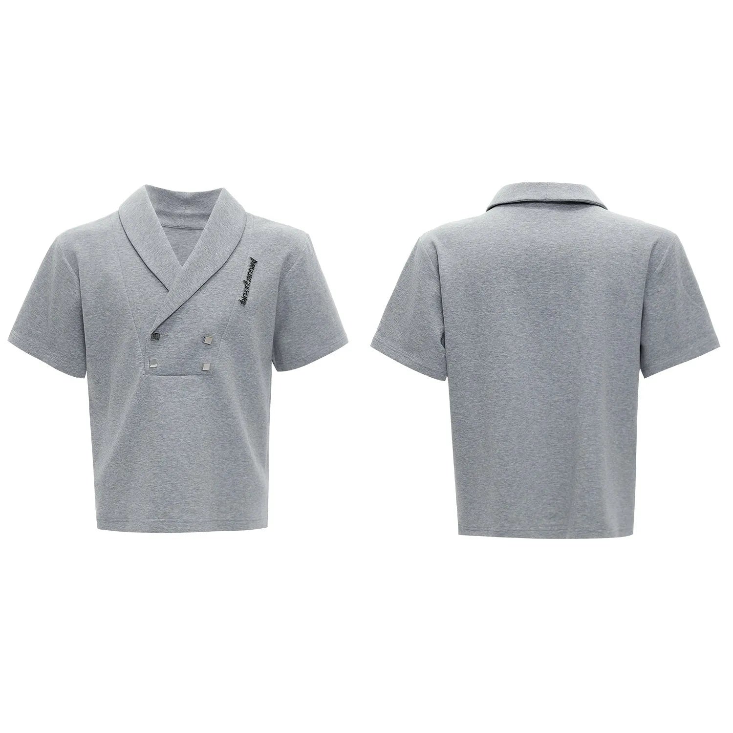 Men's dark grey V-neck sports suit with padded shoulders and metal embellishments on cotton fabric