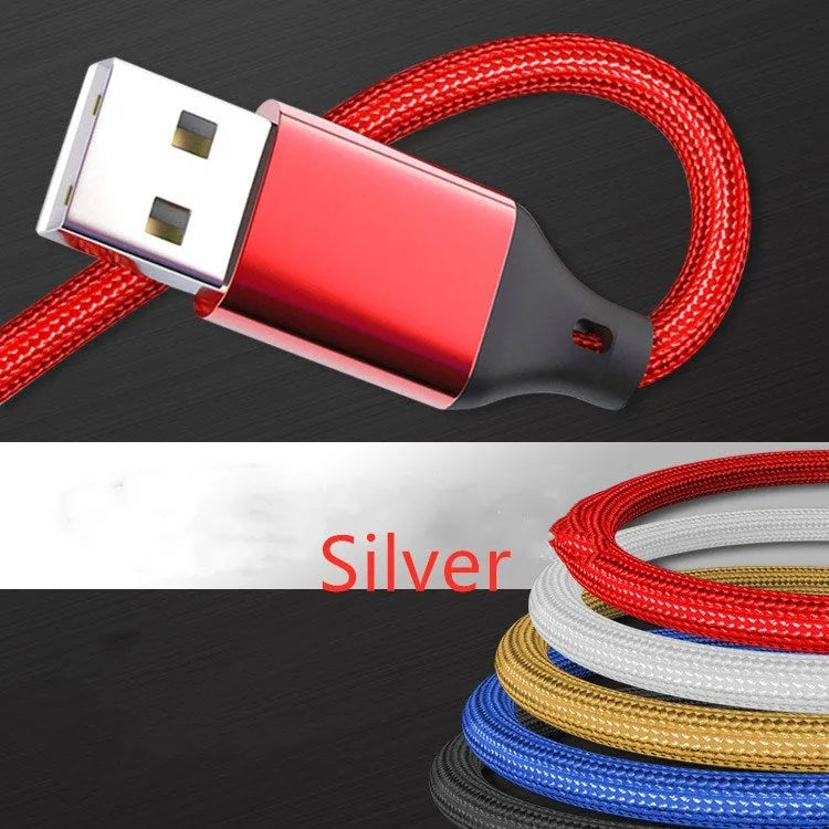 Red 3-in-1 charging cable with USB-C, Lightning, and Micro-USB tips on a 1.2m nylon braid.
