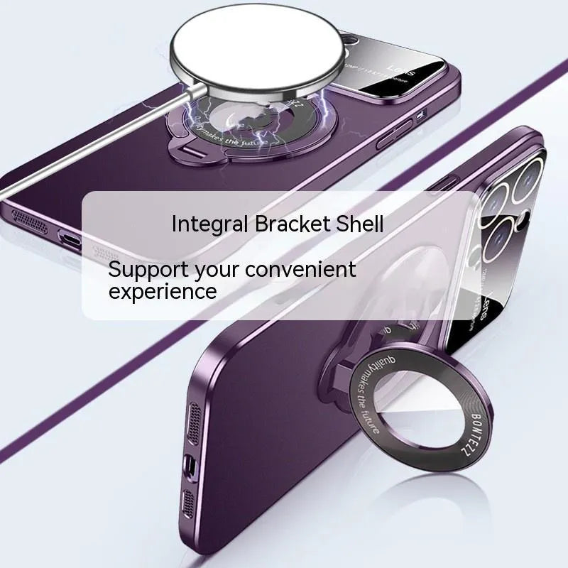 Transparent magnetic iPhone case with built-in kickstand shown in multiple colour options