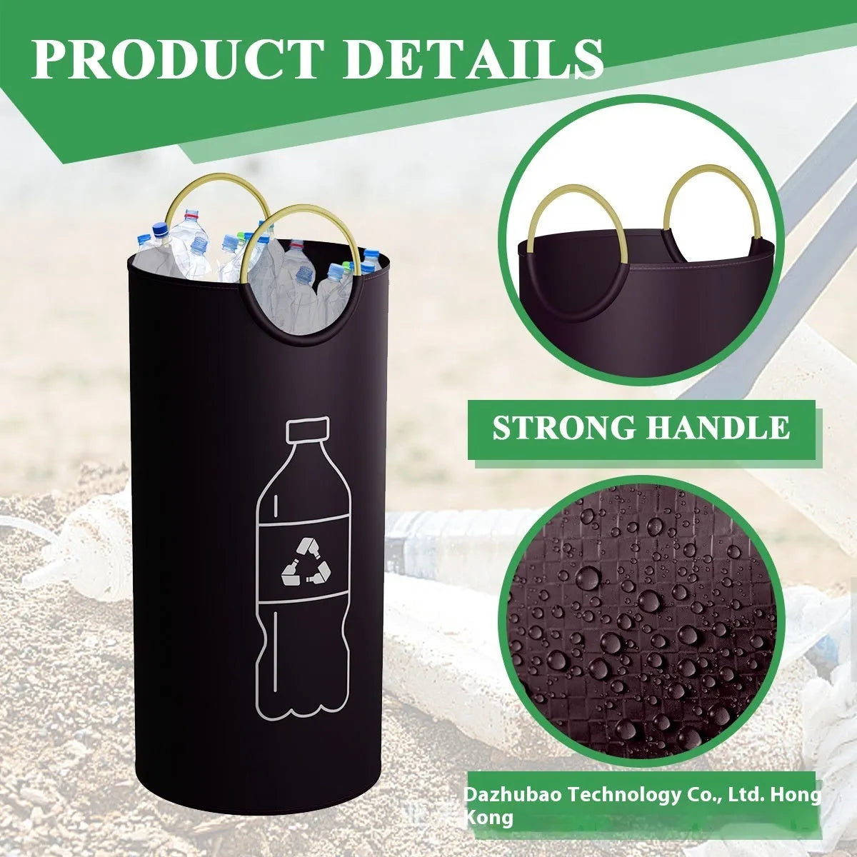 Round grey portable trash can showing 38cm diameter opening and 72cm height with included plastic bag
