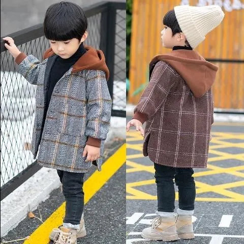 Boys' cotton woolen coat in grey or brown, Allen woolen cloth, sizes 110-160