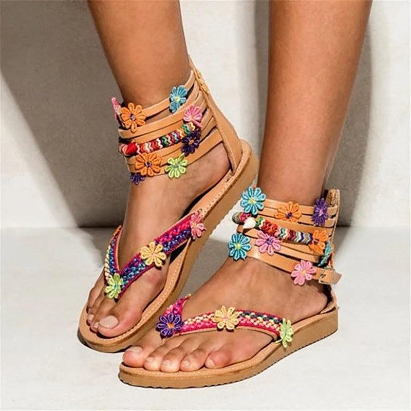 Ethnic style beaded petal sandals with round toe design and floral decorations in suit colour