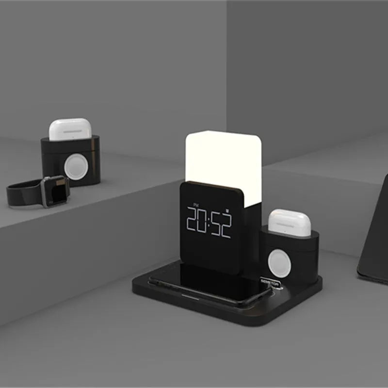 3-in-1 Qi wireless charger stand in black, dark green, or light green, charging a phone, smartwatch, and earbuds on a desk