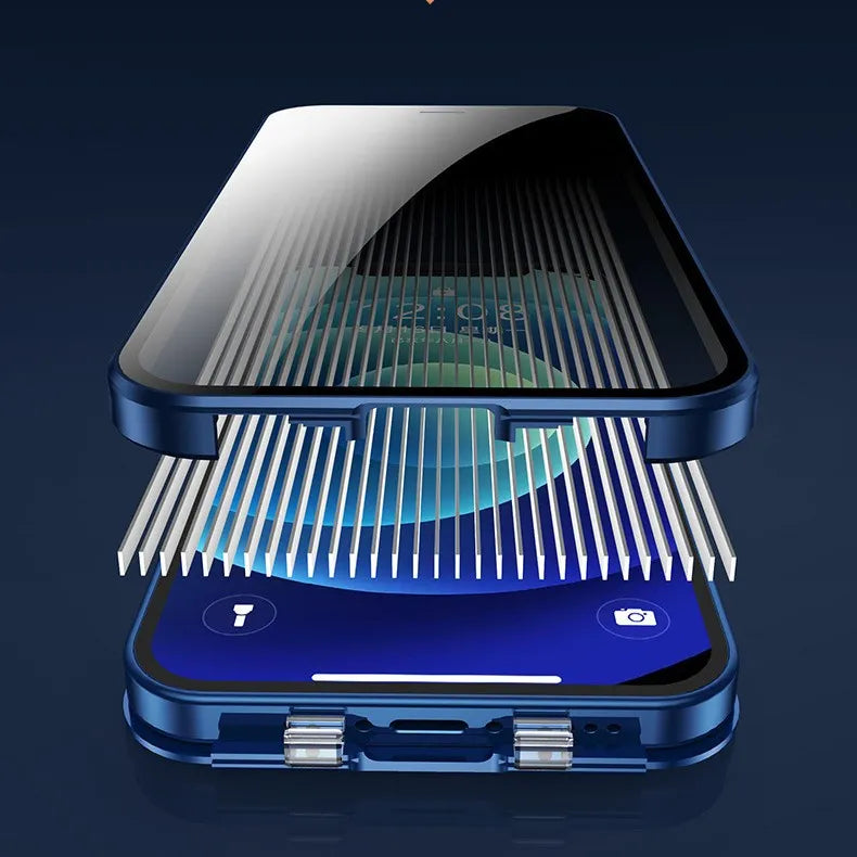 Glass phone case with double-sided buckle for iPhone 11 to 15 series, available in four colours