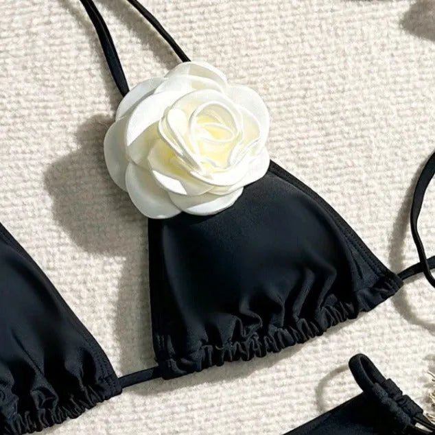 Black three-dimensional flower lace bikini with backless briefs and split design