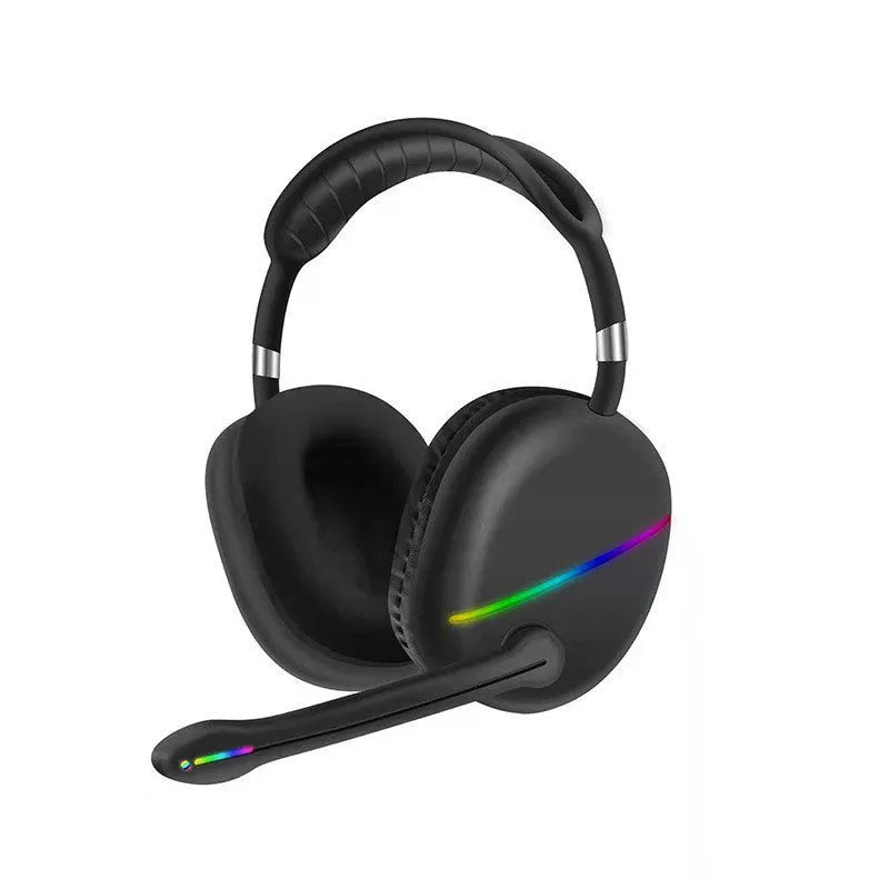Blue over-ear wireless Bluetooth headset with illuminated RGB lights on the ear cups.