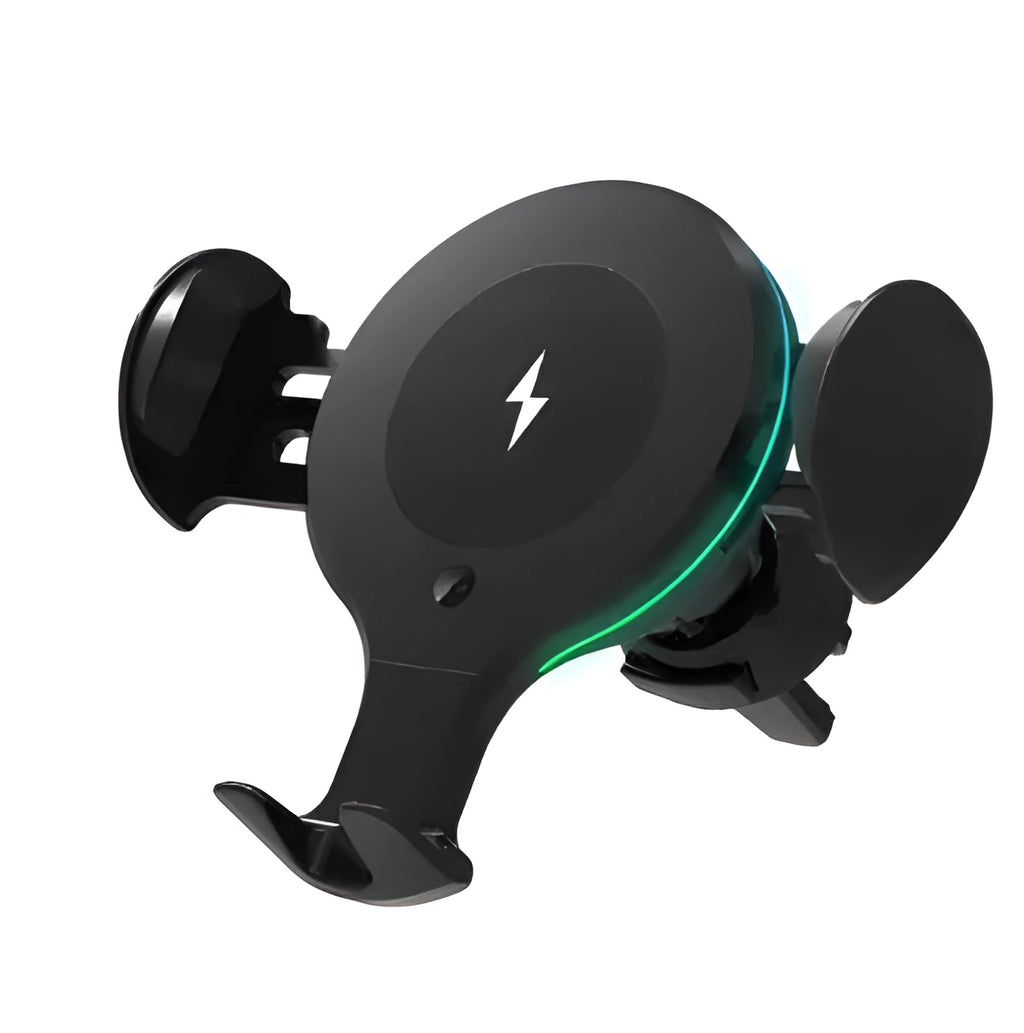 Car wireless charging stand with infrared sensor, ABS and silicone body, 250g, includes outlet and 3M adhesive brackets.
