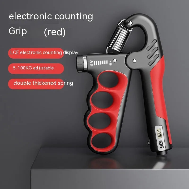 Adjustable electronic count spring grip with digital display, orange counter, and contoured PP handles for hand strength training