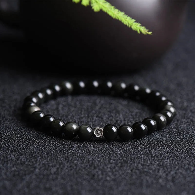 Natural obsidian and S925 silver bracelet with dragon phoenix constellation decorations.