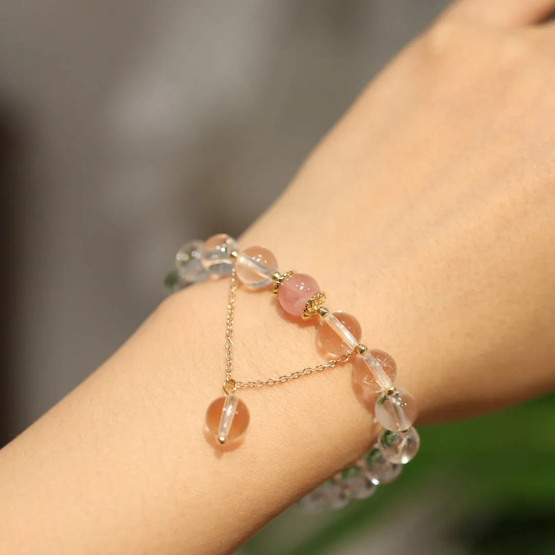 White crystal geometric bracelet with cat eye obsidian stones and Chinese auspicious patterns