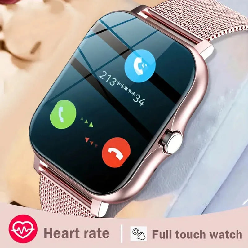 Smart watch with 144-inch touch screen, silicone strap, displaying fitness data and Bluetooth calling interface