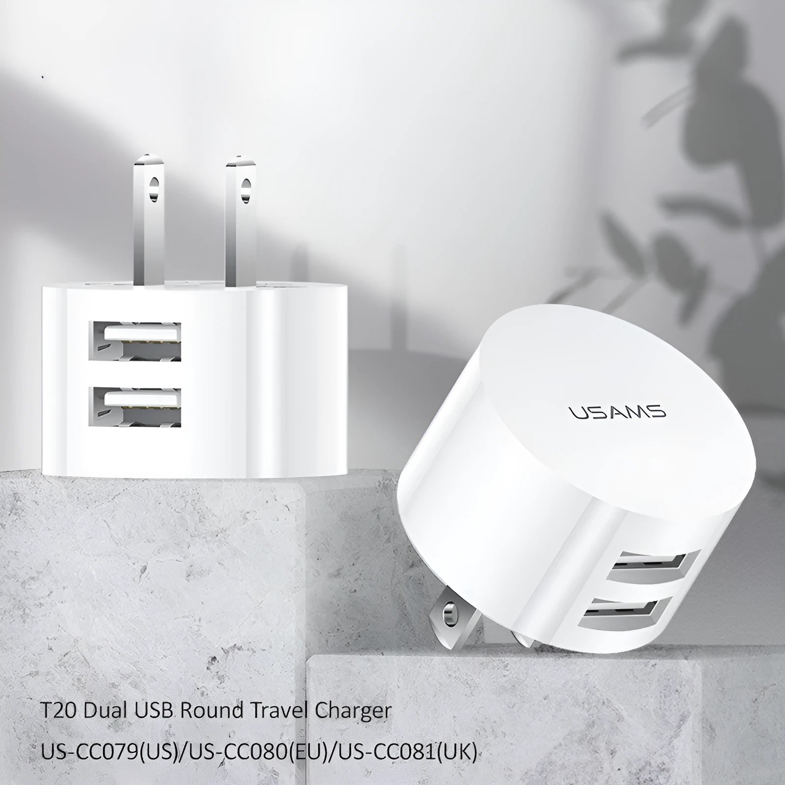 White portable USB phone charger with universal international adapter for UK US and EU power sockets