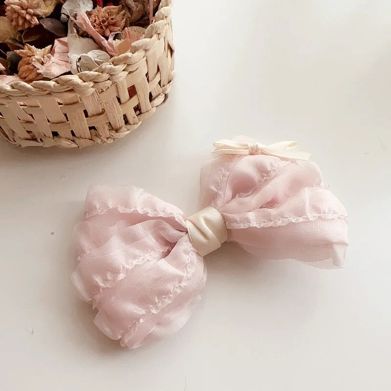Children's pink retro bow hair clip with cloth ribbon bow and press clip for girls' hair
