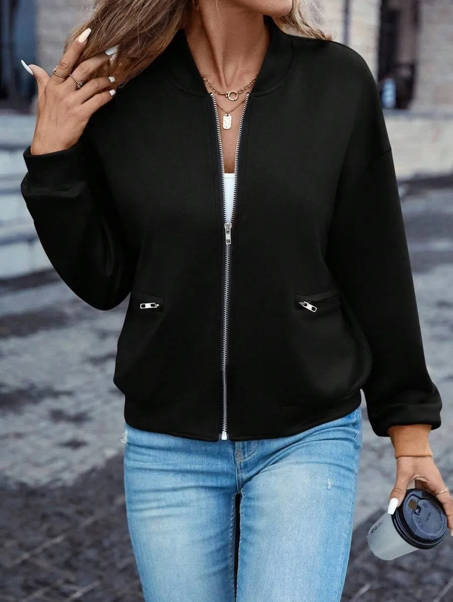 Black polyester zip jacket with long sleeves and faux pockets for women, sized S to XXL.