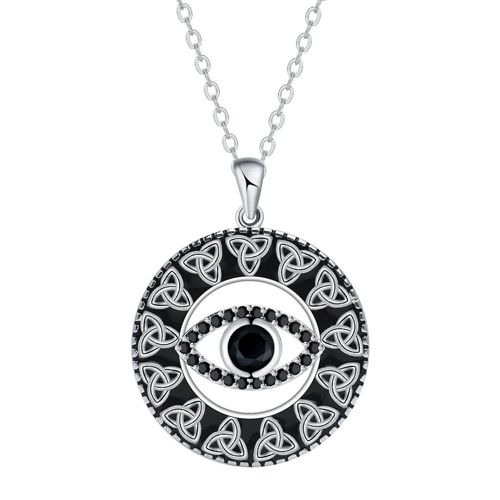 Copper devil's eye pendant necklace on a cross chain for women.