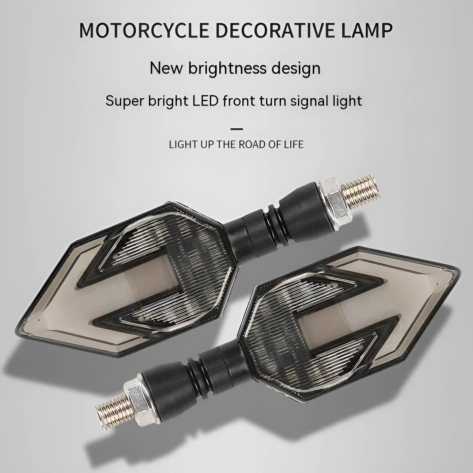 Arrow-shaped LED motorcycle turn signal lamp for 12V systems, made from black ABS plastic.