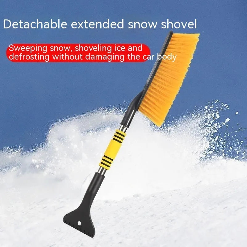 Blue and yellow telescopic car snow brushes with ice scrapers for winter vehicle clearing
