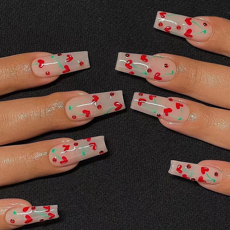 French Love Red Diamond Small Cherry Wear Armor nail art set with 24 pieces and glue