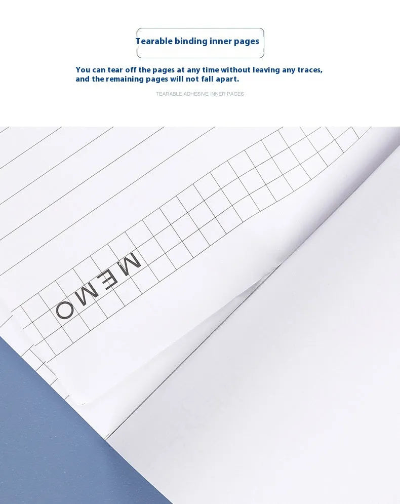A4 tearable notebook with grid pages and wireless adhesive binding, paper cover