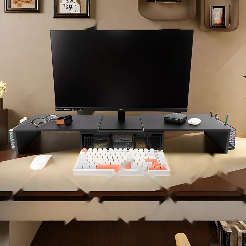 Dual-station desktop monitor elevated rack in carbon steel with retractable design