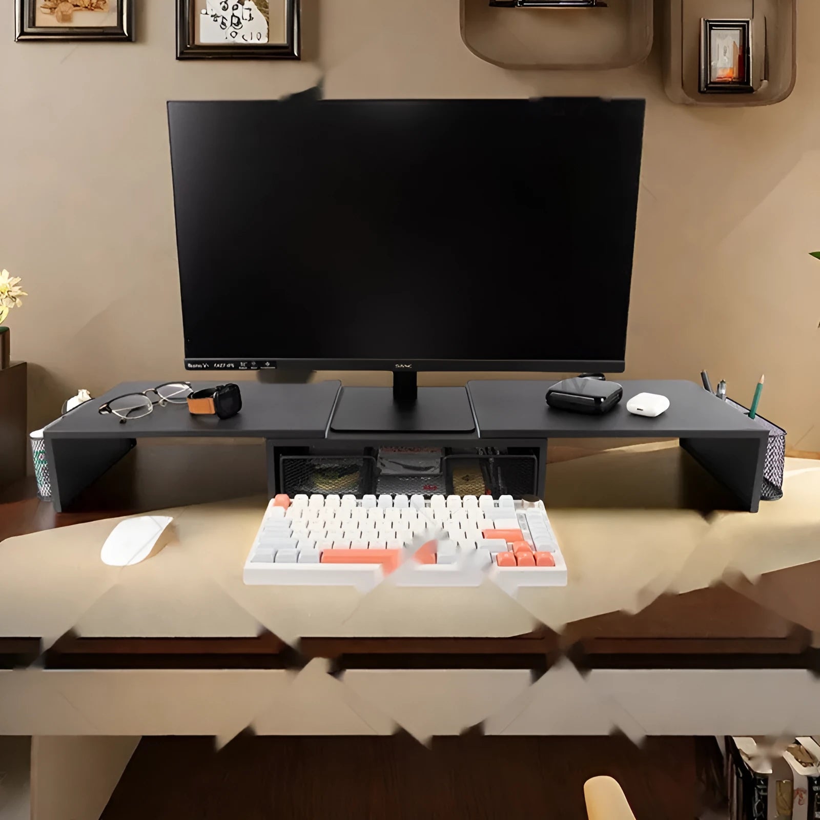 Dual-station desktop monitor elevated rack in carbon steel with retractable design