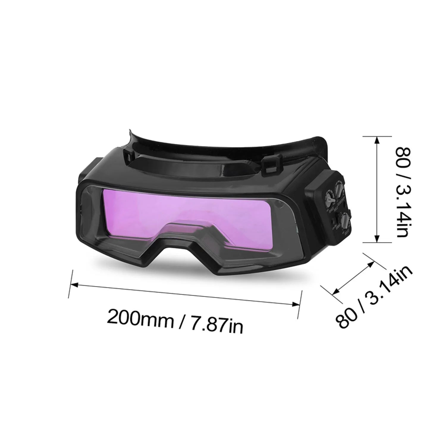 Black automatic welding mask with 122.5x35mm viewing area showing automatic darkening lens and adjustable headgear