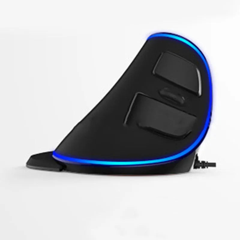 Vertical ergonomic wired computer mouse with RGB lighting, shown in a handshake grip position.