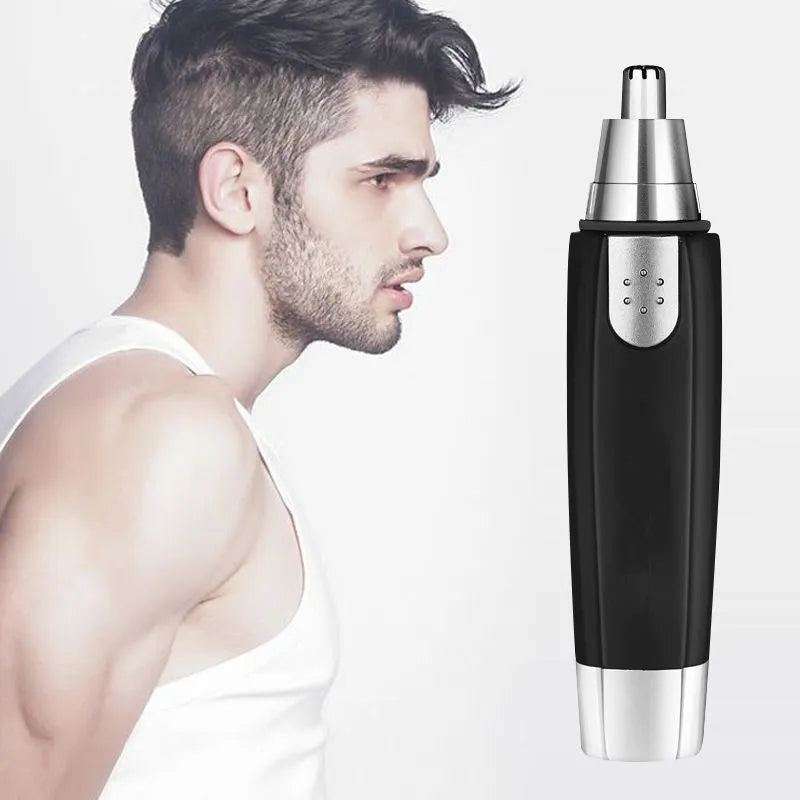 Electric nose hair trimmer with 360-degree rotating stainless steel blade, waterproof plastic body, black or silver