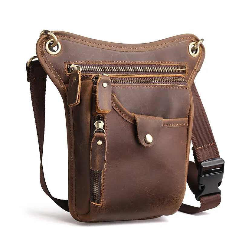 Crazy horse leather satchel bag with adjustable shoulder strap showing 30cm wide structured compartment