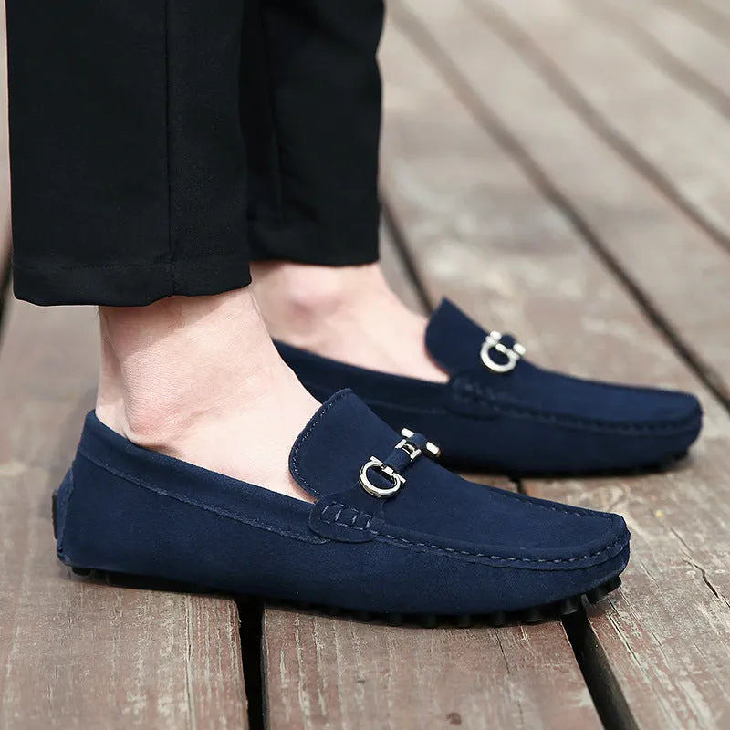 Men's black slip-on business casual leather shoes with square toe and matte finish