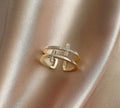 Women's adjustable copper ring with zircon gems in geometry design, showing open and closed positions