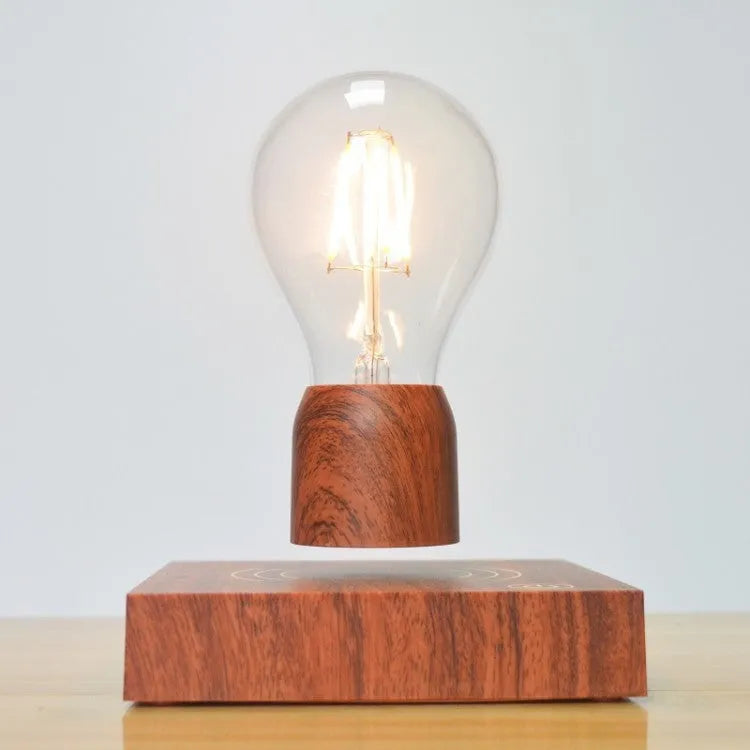 Magnetic levitation bulb floating above imitation wood base with ABS and glass construction, EU CE certified for 100-240V operation