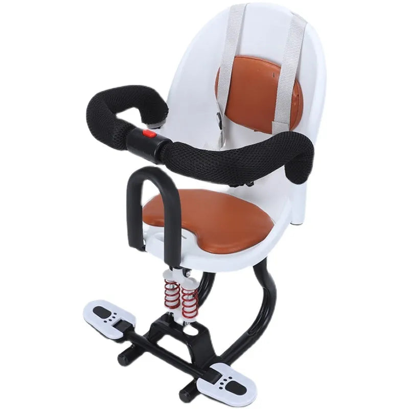 High carbon steel child seat measuring 20x20x53cm attached to scooter handlebars