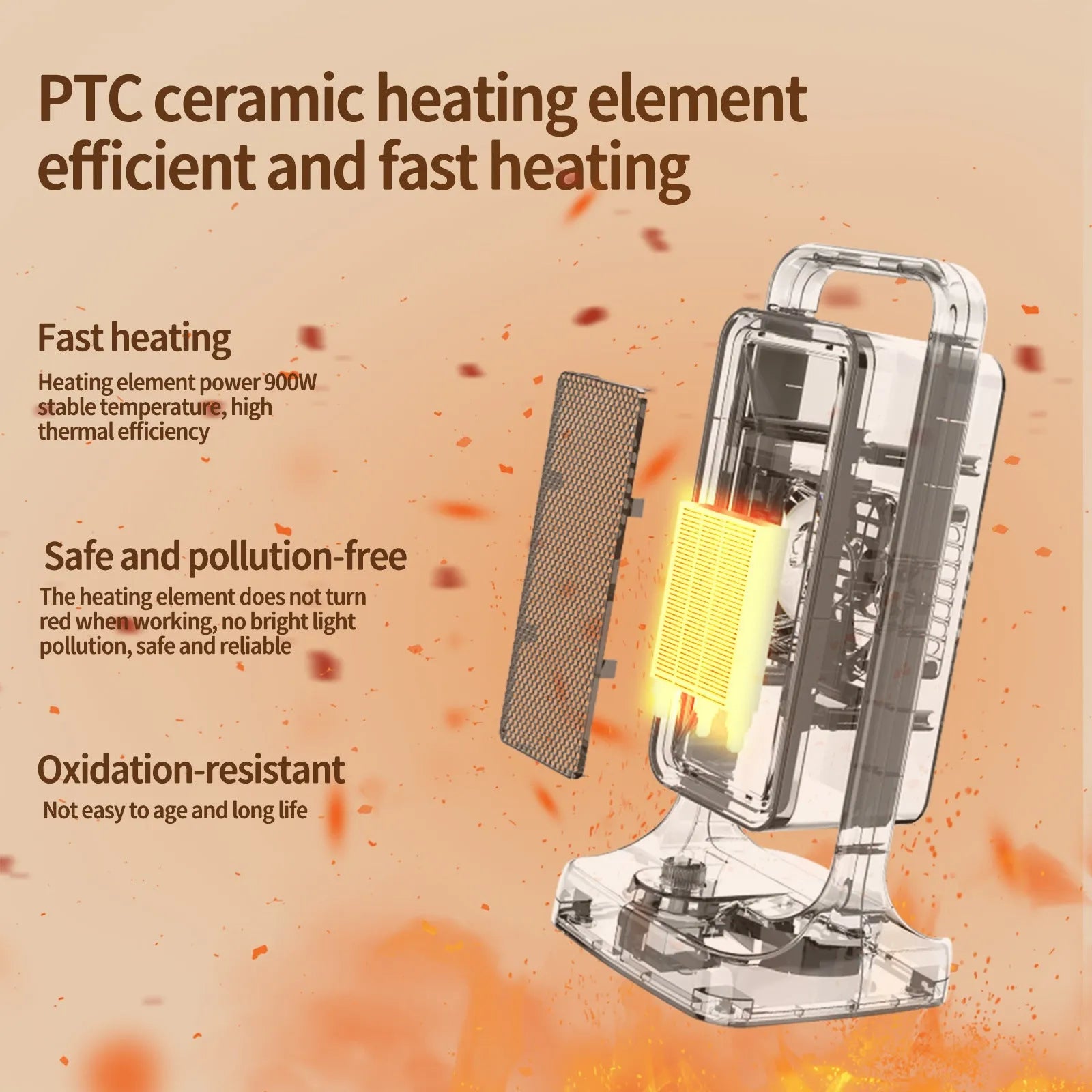 Black PTC ceramic air heater on desk with knob control, dimensions 14.9x11.1x33.5cm, for rooms up to 20 square metres