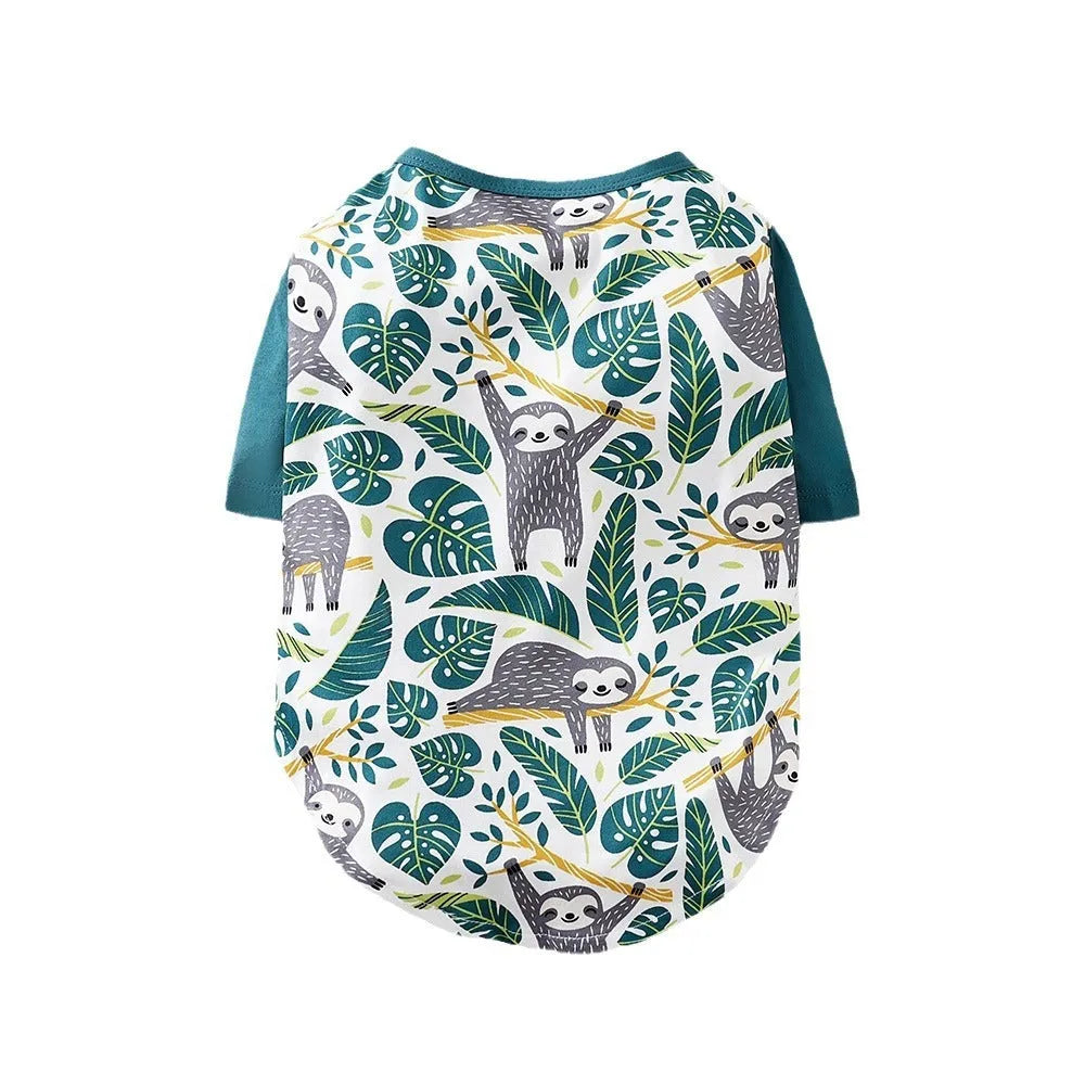 Small dog wearing full printed polyester T-shirt in spring setting