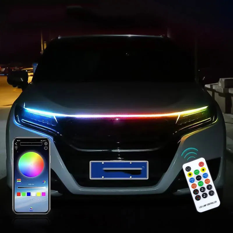 Automotive engine cover LED strip lights showing installation through daily running light screen gap with colour illumination options