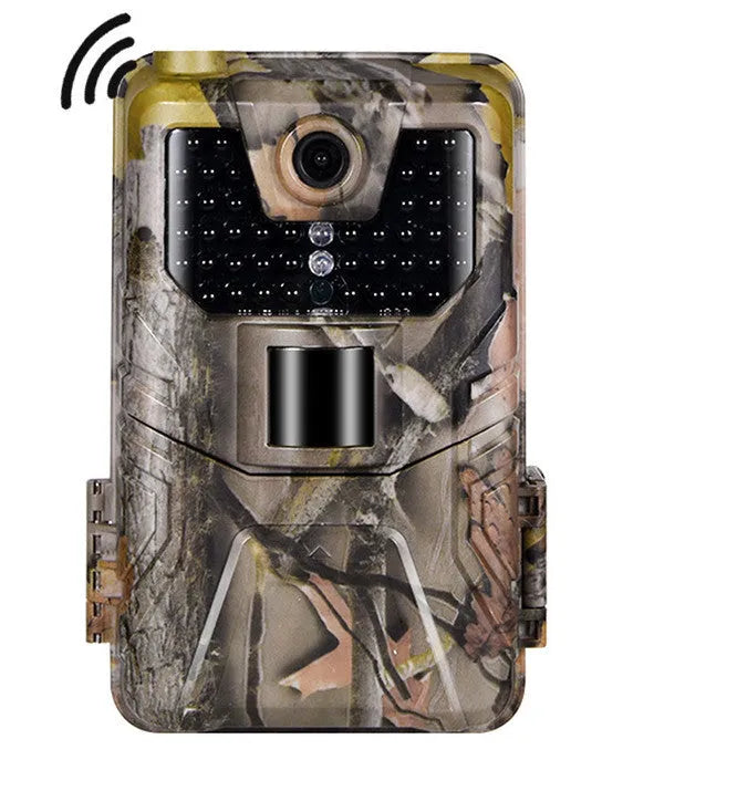 Compact camouflage infrared hunting camera with Bluetooth for mobile APP connectivity.