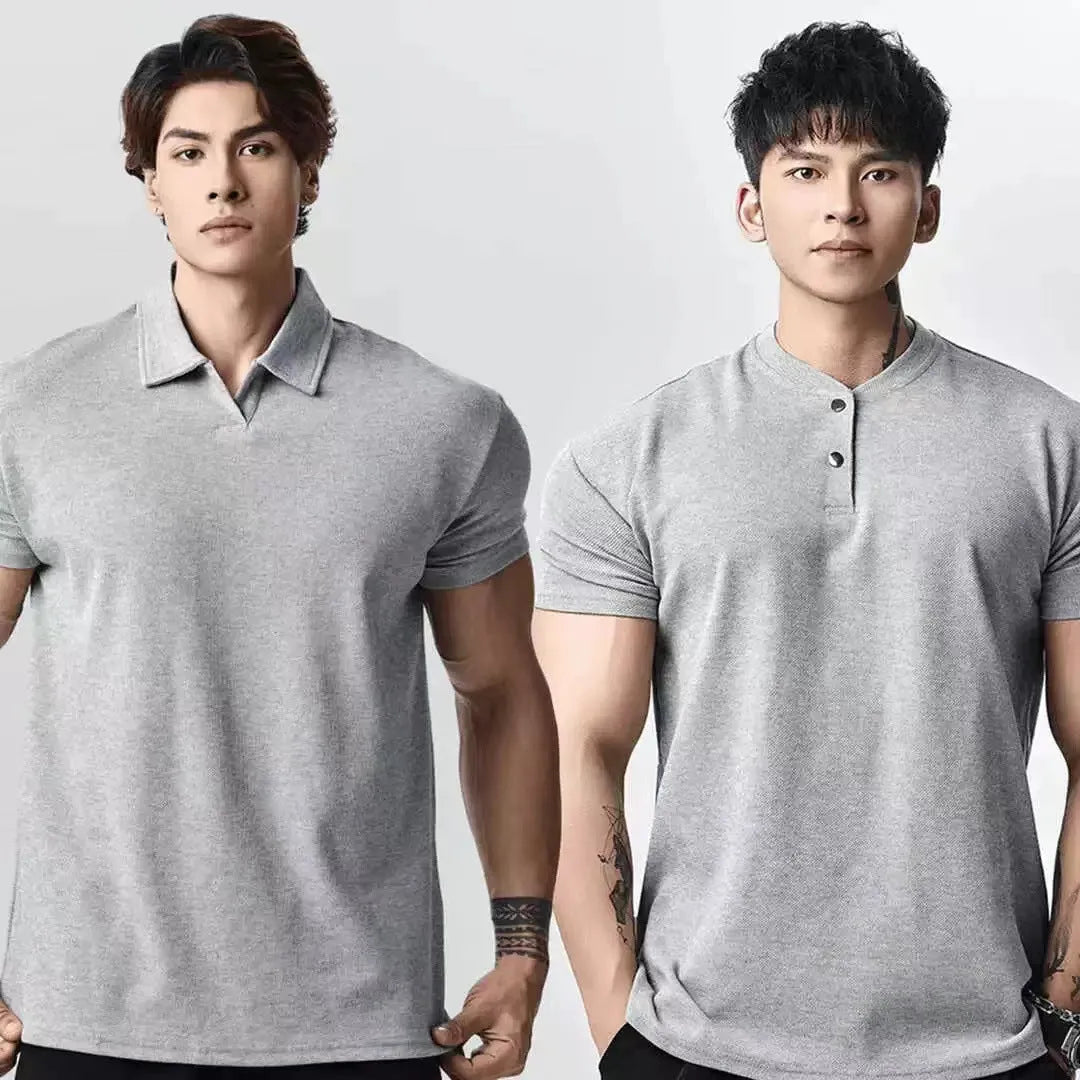 Men's loose fit solid colour t-shirt showing Henry collar and polo collar style options in white, black, grey.